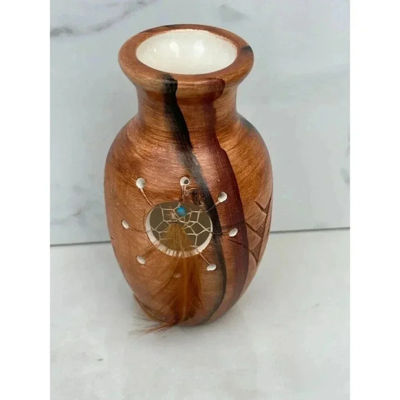 Navajo Hand Painted Dream Catcher Vase Brown Size 6" x 2" - Picture 1 of 10